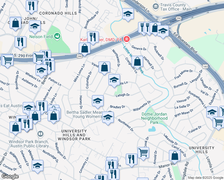 map of restaurants, bars, coffee shops, grocery stores, and more near 6801 Northeast Drive in Austin