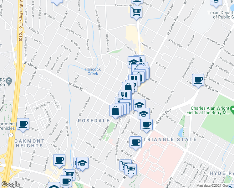 map of restaurants, bars, coffee shops, grocery stores, and more near W 46th St & Ramsey Ave in Austin