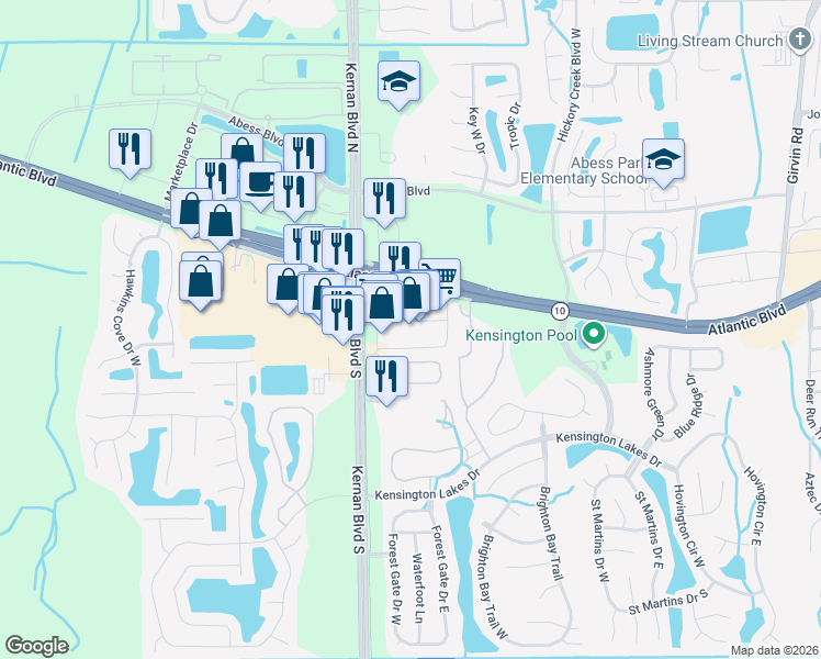 map of restaurants, bars, coffee shops, grocery stores, and more near 12200 Atlantic Boulevard in Jacksonville