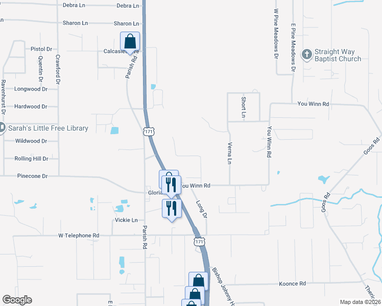 map of restaurants, bars, coffee shops, grocery stores, and more near 1130 U.S. 171 in Lake Charles