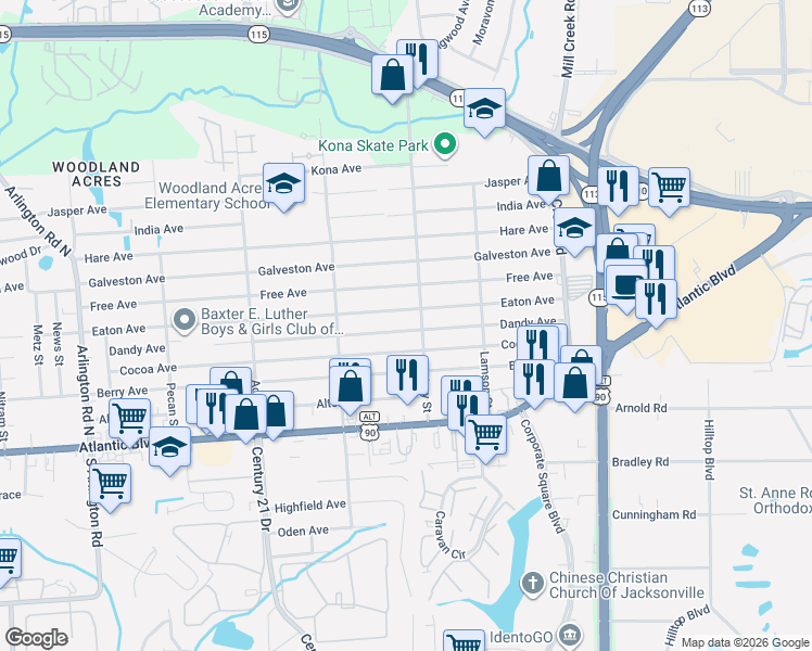 map of restaurants, bars, coffee shops, grocery stores, and more near 8602 Eaton Avenue in Jacksonville