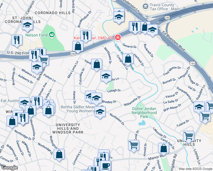 map of restaurants, bars, coffee shops, grocery stores, and more near 6801 Northeast Drive in Austin