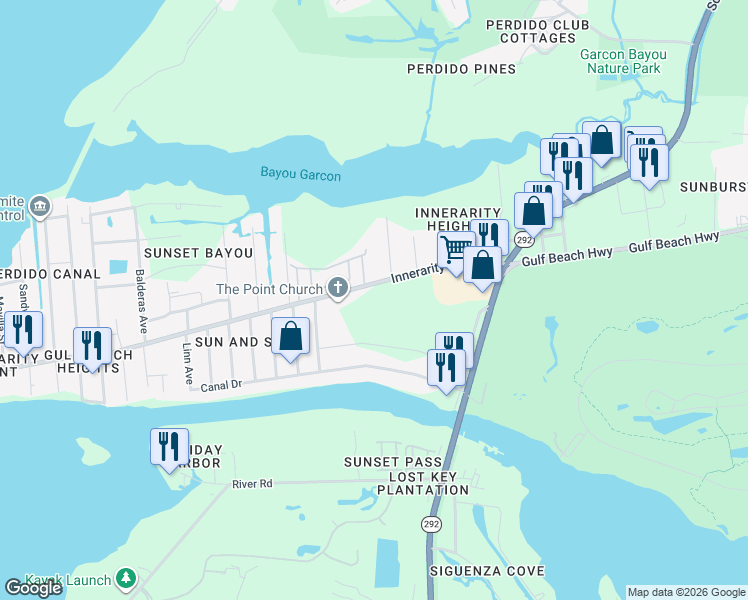 map of restaurants, bars, coffee shops, grocery stores, and more near 13707 Innerarity Point Road in Pensacola