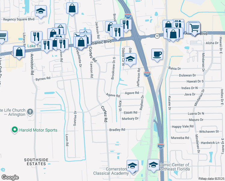 map of restaurants, bars, coffee shops, grocery stores, and more near 1844 Brookview Drive South in Jacksonville