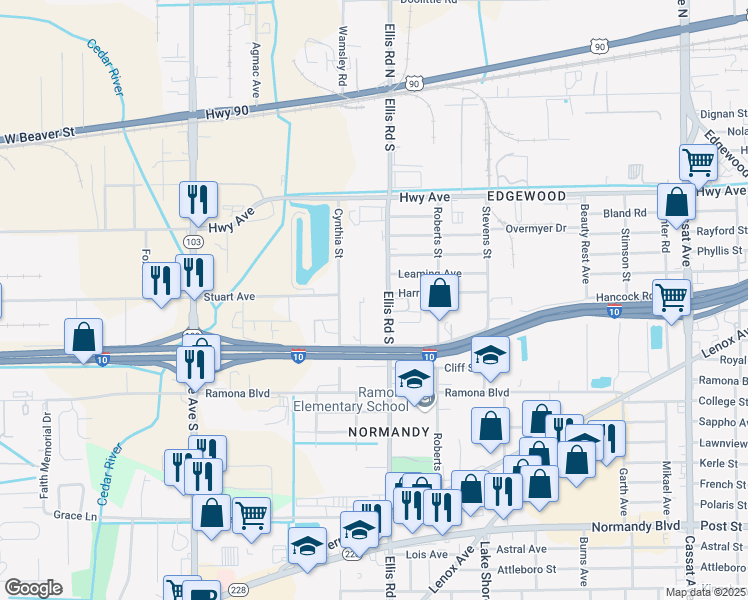 map of restaurants, bars, coffee shops, grocery stores, and more near 546 Ellis Road South in Jacksonville