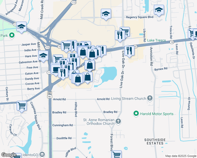 map of restaurants, bars, coffee shops, grocery stores, and more near 1251 Beacon Point Drive in Jacksonville