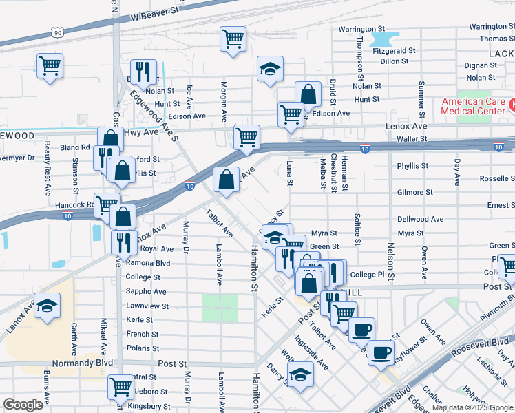 map of restaurants, bars, coffee shops, grocery stores, and more near 555 Comet Street in Jacksonville