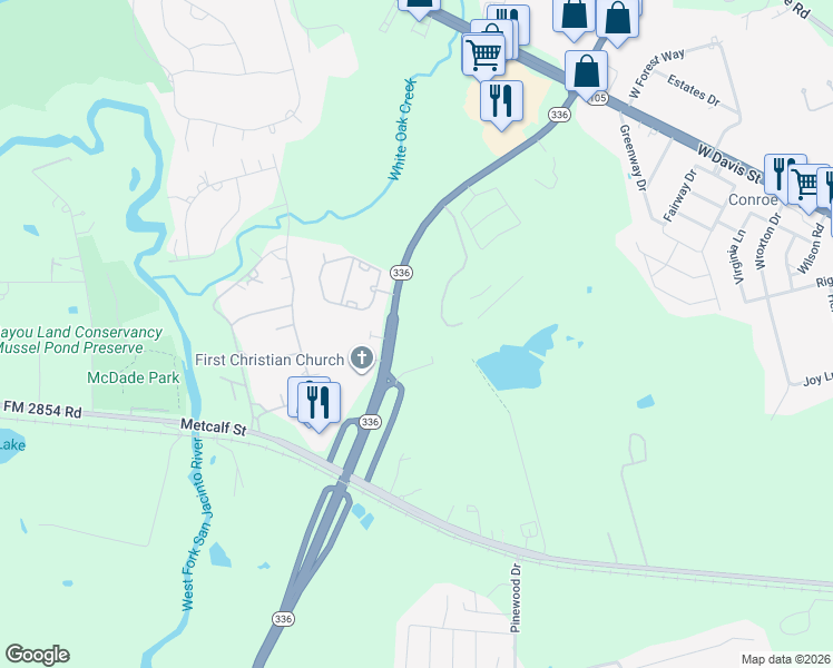 map of restaurants, bars, coffee shops, grocery stores, and more near 3301 North Loop 336 West in Conroe