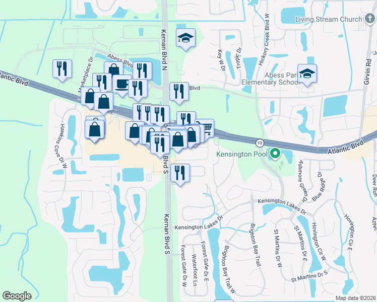 map of restaurants, bars, coffee shops, grocery stores, and more near 12200 Atlantic Boulevard in Jacksonville
