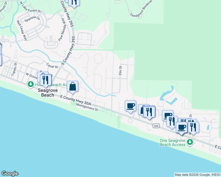 map of restaurants, bars, coffee shops, grocery stores, and more near 191 San Juan Avenue in Santa Rosa Beach