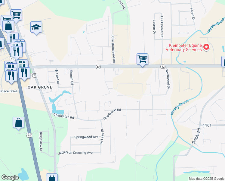 map of restaurants, bars, coffee shops, grocery stores, and more near 38357 Osprey Point in Prairieville