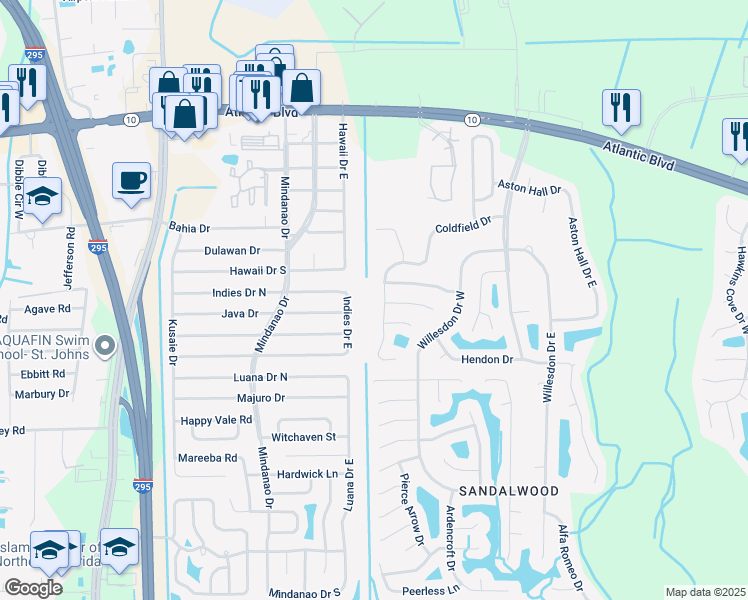 map of restaurants, bars, coffee shops, grocery stores, and more near 1890 Coldfield Drive West in Jacksonville
