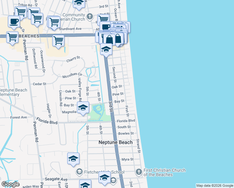 map of restaurants, bars, coffee shops, grocery stores, and more near 815 Second Street in Neptune Beach