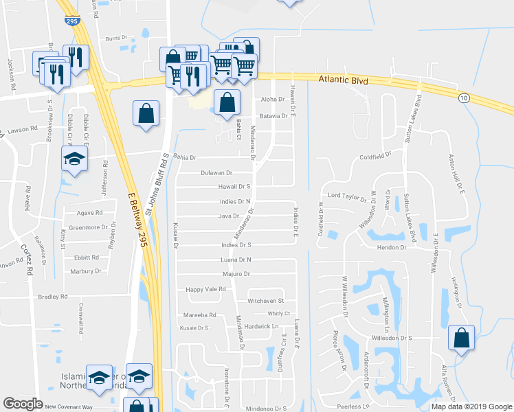 map of restaurants, bars, coffee shops, grocery stores, and more near 10915 Indies Drive East in Jacksonville