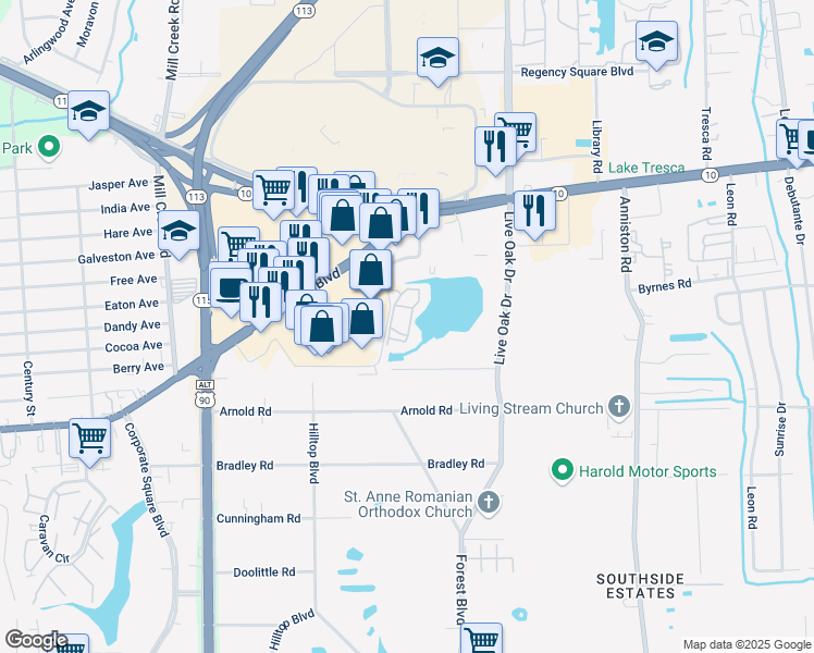 map of restaurants, bars, coffee shops, grocery stores, and more near 1251 Beacon Point Drive in Jacksonville