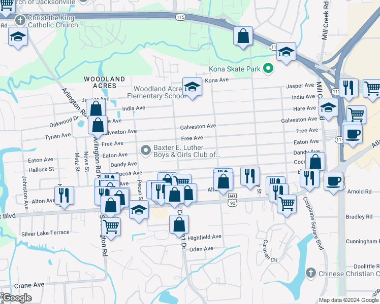 map of restaurants, bars, coffee shops, grocery stores, and more near 8223 Eaton Avenue in Jacksonville