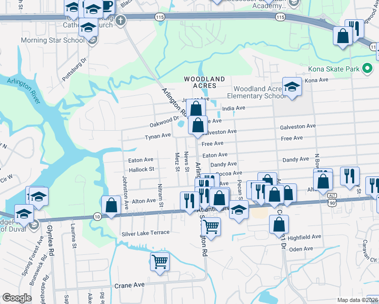 map of restaurants, bars, coffee shops, grocery stores, and more near 228 News Street in Jacksonville
