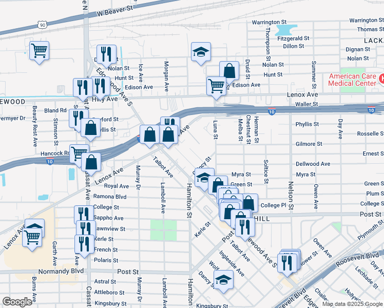map of restaurants, bars, coffee shops, grocery stores, and more near 555 Comet Street in Jacksonville