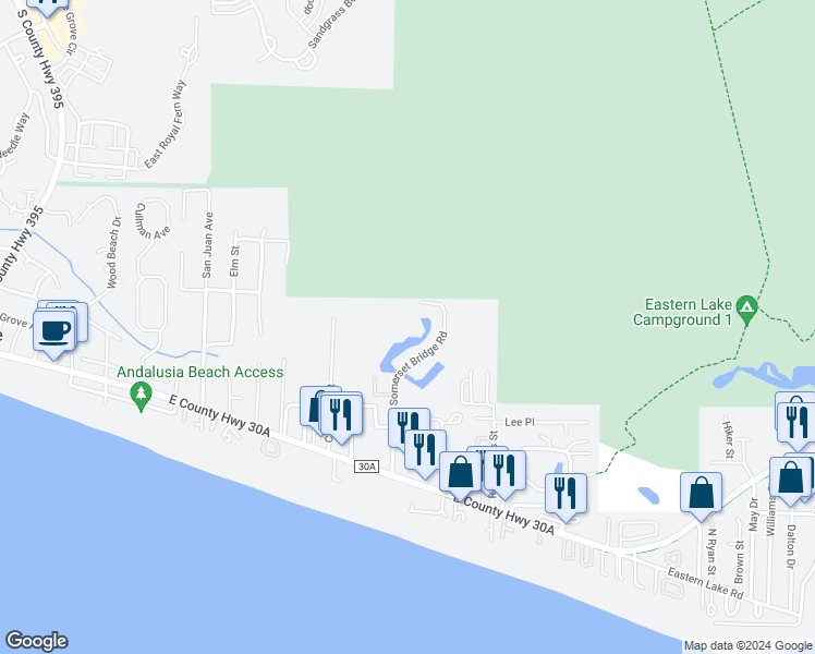 map of restaurants, bars, coffee shops, grocery stores, and more near 523 Somerset Bridge Road in Santa Rosa Beach