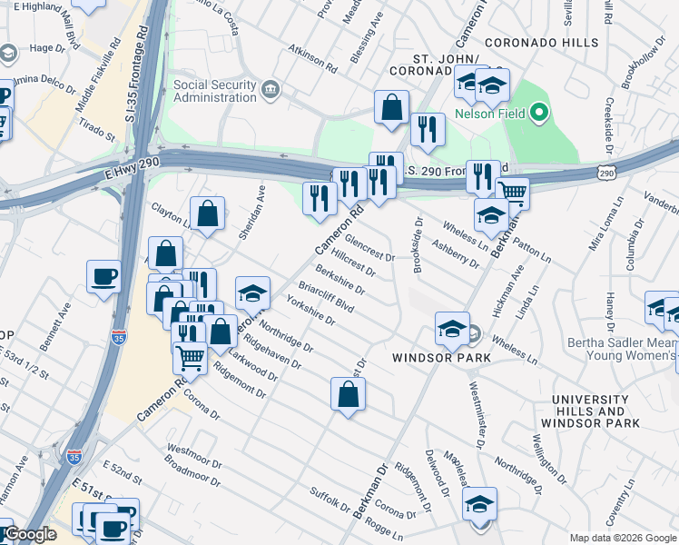 map of restaurants, bars, coffee shops, grocery stores, and more near 1304 Berkshire Drive in Austin