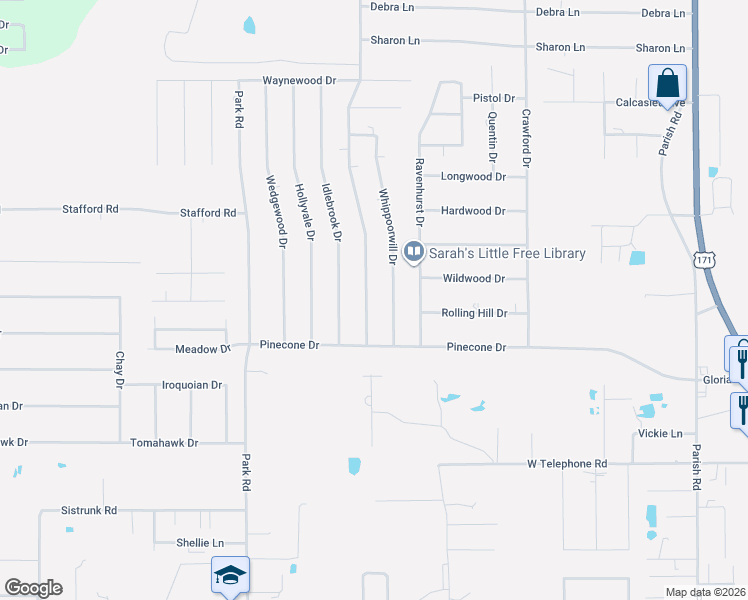 map of restaurants, bars, coffee shops, grocery stores, and more near 1021 Belfield Rd in Lake Charles