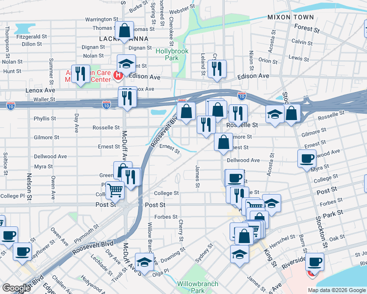 map of restaurants, bars, coffee shops, grocery stores, and more near 2848 Cherokee Circle South in Jacksonville
