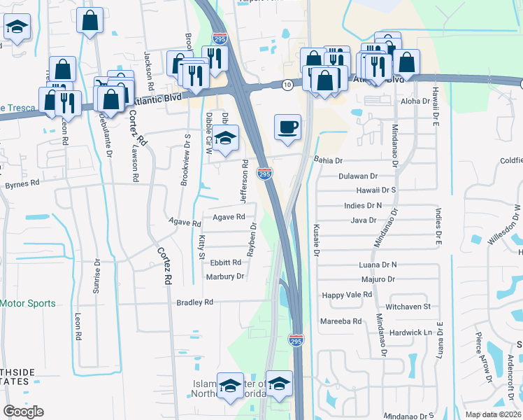 map of restaurants, bars, coffee shops, grocery stores, and more near 10489 Mc Aleer Road in Jacksonville