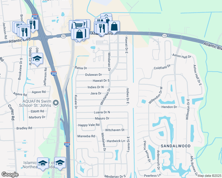 map of restaurants, bars, coffee shops, grocery stores, and more near 10914 Indies Drive North in Jacksonville