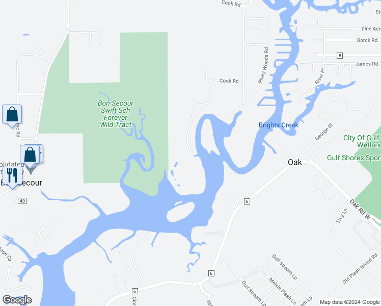 map of restaurants, bars, coffee shops, grocery stores, and more near 6186 Cook Road in Foley