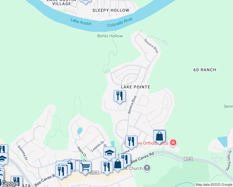 map of restaurants, bars, coffee shops, grocery stores, and more near 2204 Rimrock Drive in Austin