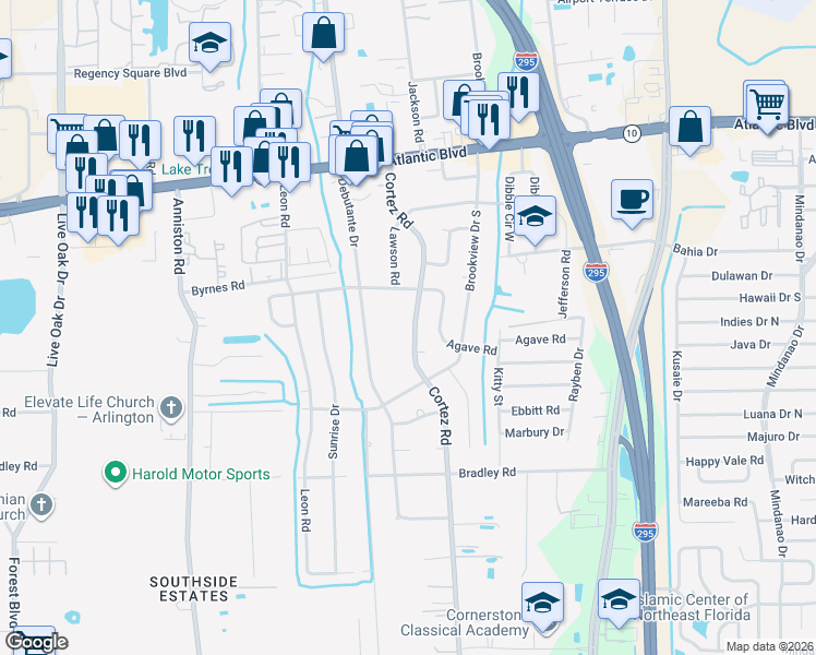 map of restaurants, bars, coffee shops, grocery stores, and more near 1838 Cortez Road in Jacksonville