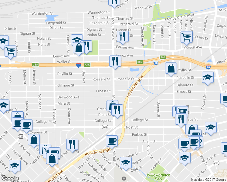 map of restaurants, bars, coffee shops, grocery stores, and more near S McDuff Ave & Ernest St in Jacksonville