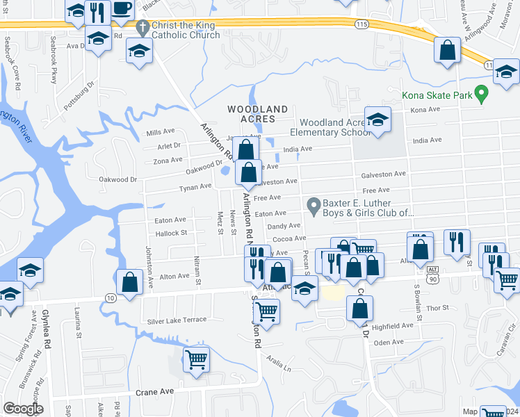 map of restaurants, bars, coffee shops, grocery stores, and more near 7515 Eaton Avenue in Jacksonville