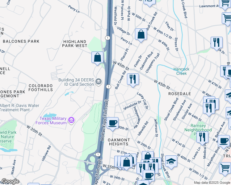 map of restaurants, bars, coffee shops, grocery stores, and more near 4301 Bull Creek Road in Austin
