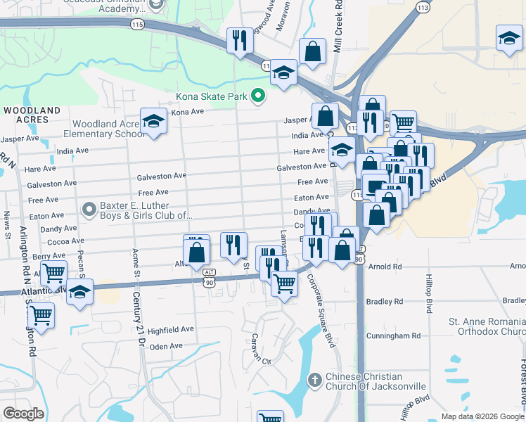 map of restaurants, bars, coffee shops, grocery stores, and more near 8828 Eaton Avenue in Jacksonville