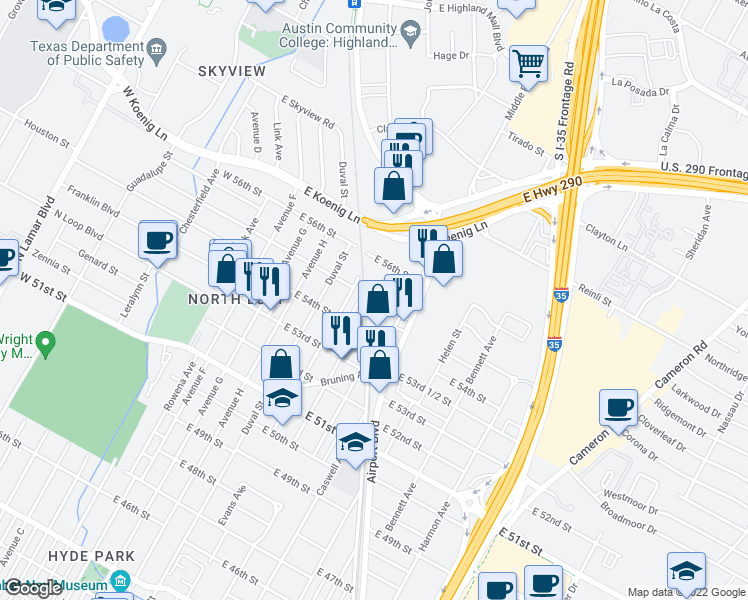 map of restaurants, bars, coffee shops, grocery stores, and more near E 55th St & Martin Ave in Austin