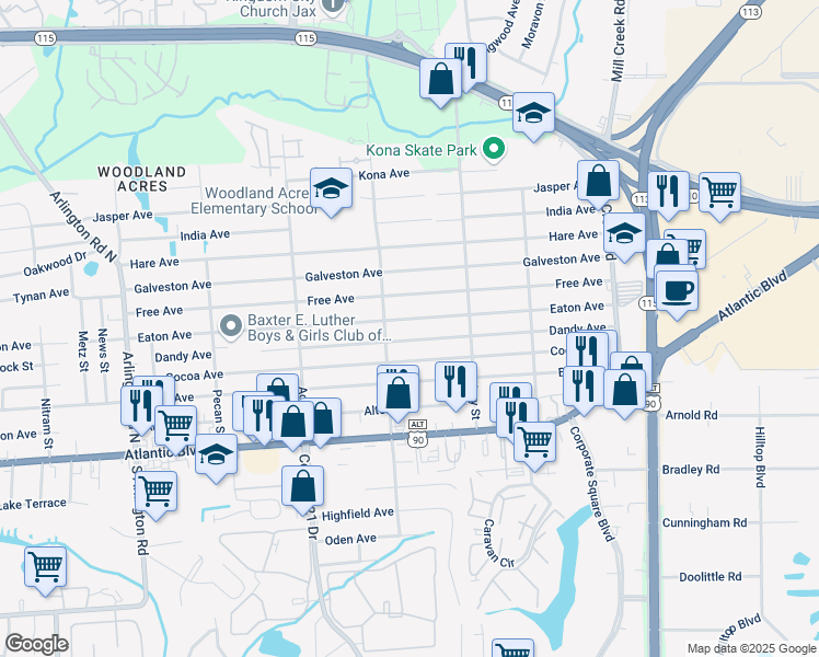 map of restaurants, bars, coffee shops, grocery stores, and more near 8460 Eaton Avenue in Jacksonville