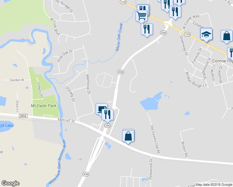 map of restaurants, bars, coffee shops, grocery stores, and more near 3305 North Loop 336 West in Conroe