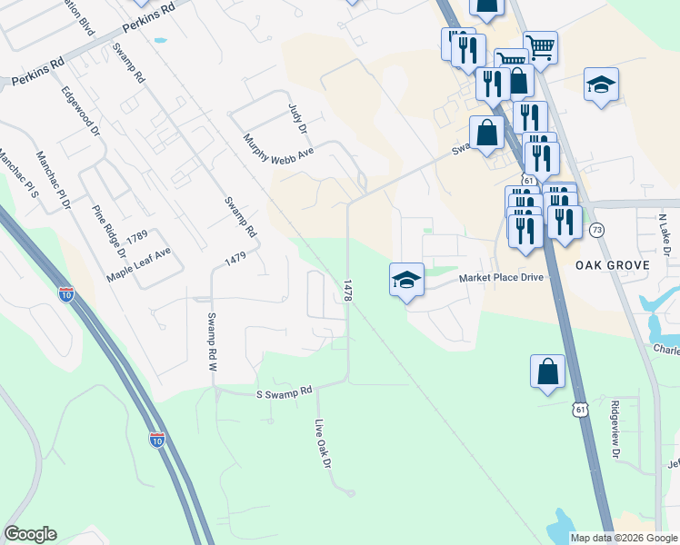 map of restaurants, bars, coffee shops, grocery stores, and more near 17183 Swamp Road in Prairieville