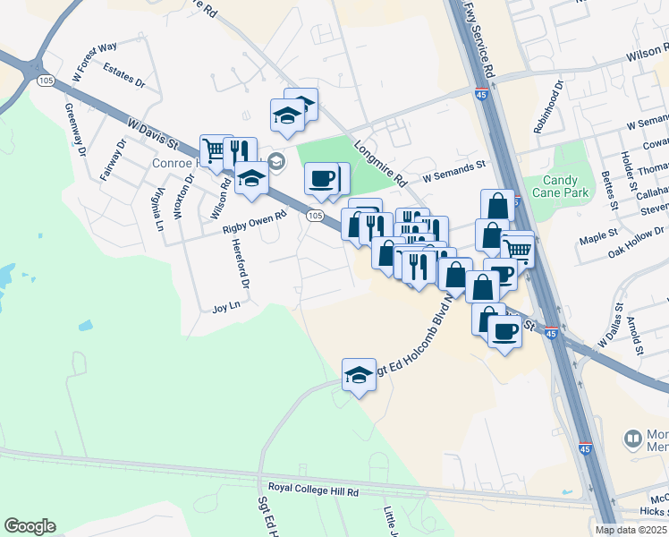 map of restaurants, bars, coffee shops, grocery stores, and more near 105 Chelsea Road in Conroe