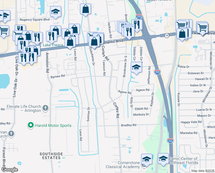 map of restaurants, bars, coffee shops, grocery stores, and more near 1838 Cortez Road in Jacksonville
