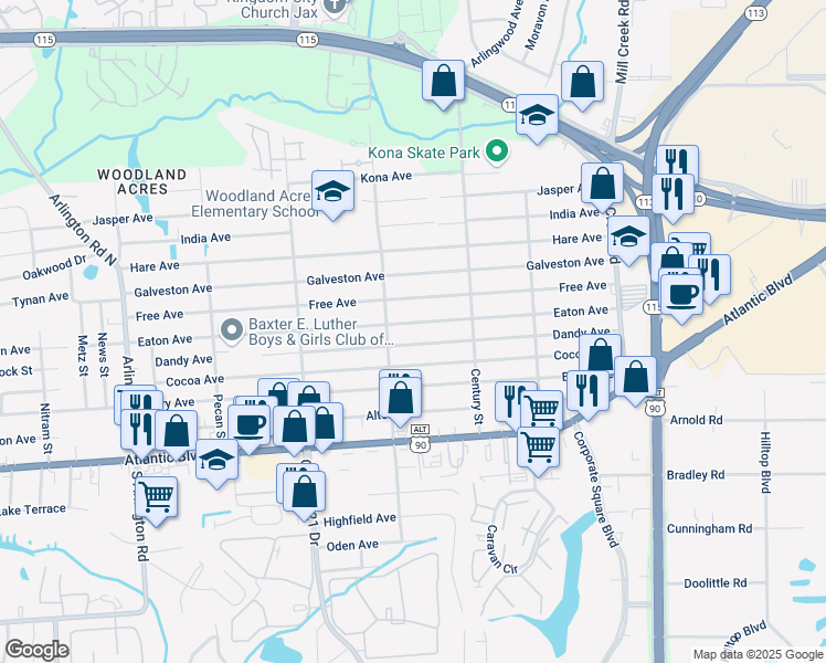 map of restaurants, bars, coffee shops, grocery stores, and more near 8460 Eaton Avenue in Jacksonville