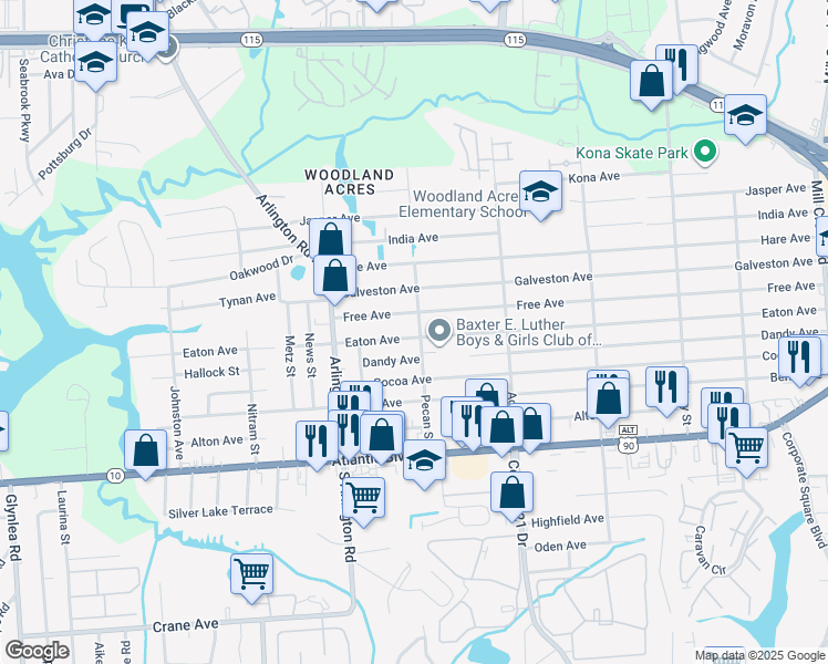 map of restaurants, bars, coffee shops, grocery stores, and more near 211 Pecan Street in Jacksonville