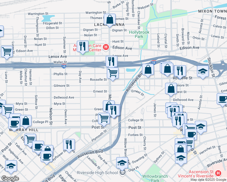 map of restaurants, bars, coffee shops, grocery stores, and more near 2985 Ernest Street in Jacksonville