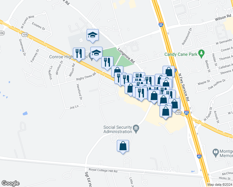 map of restaurants, bars, coffee shops, grocery stores, and more near 2129 West Davis Street in Conroe