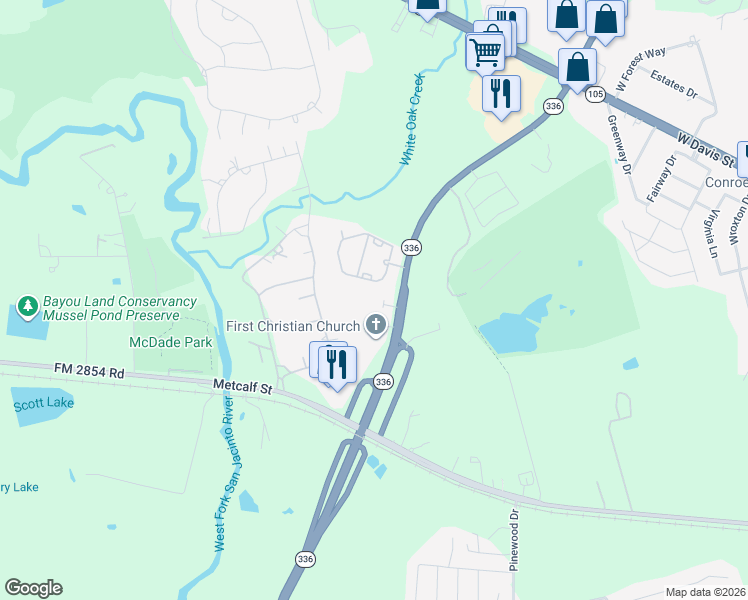map of restaurants, bars, coffee shops, grocery stores, and more near 3400 North Loop 336 West in Conroe