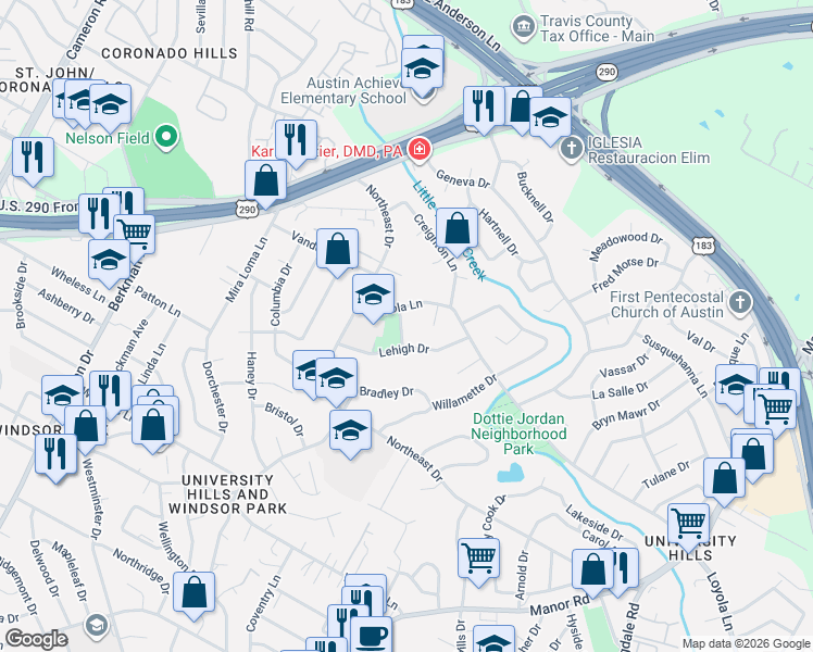 map of restaurants, bars, coffee shops, grocery stores, and more near 6809 Roanoke Drive in Austin