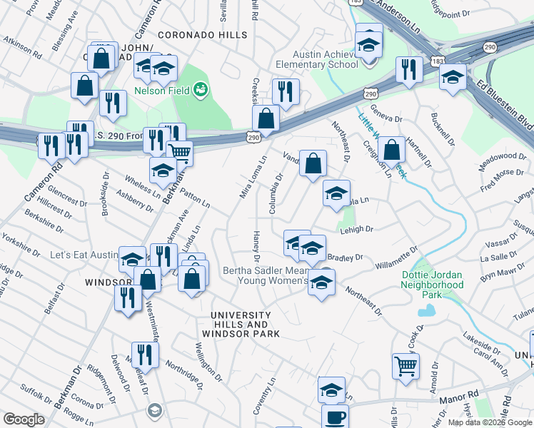map of restaurants, bars, coffee shops, grocery stores, and more near 6705 Haney Drive in Austin