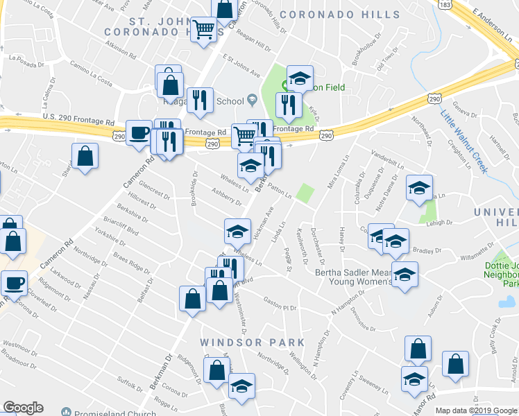 map of restaurants, bars, coffee shops, grocery stores, and more near 6506 Hickman Avenue in Austin