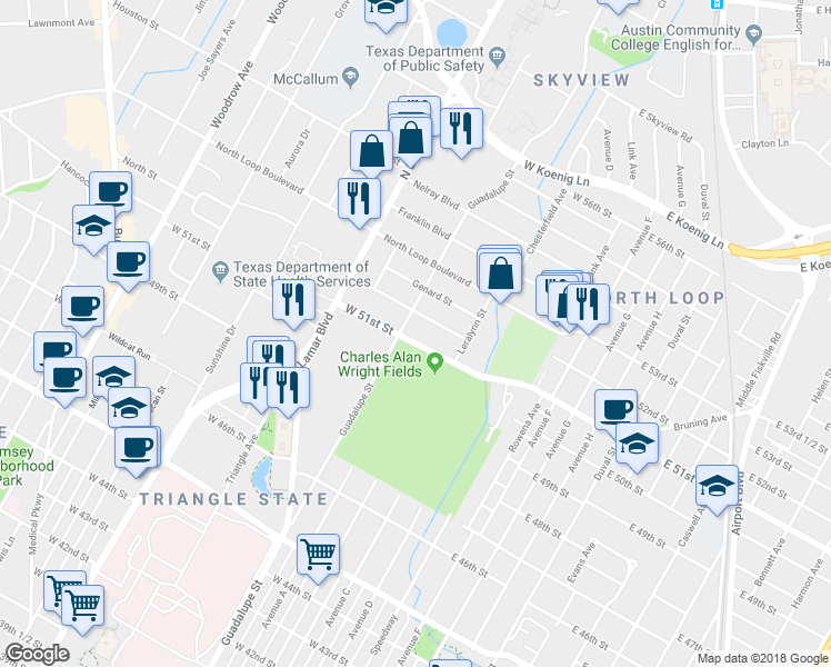 map of restaurants, bars, coffee shops, grocery stores, and more near in Austin